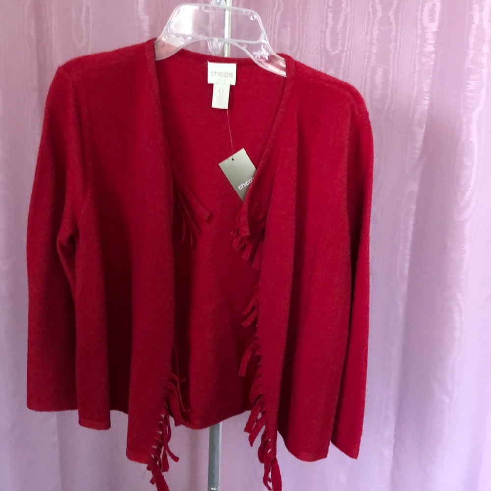 Chico’s red wool sweater with fringe trim